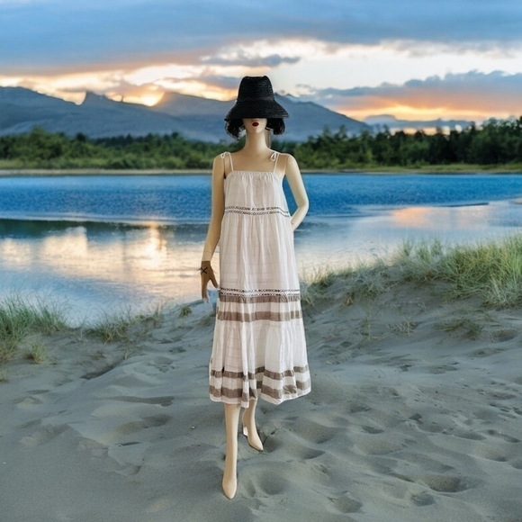 DRESS Rip Curl Vista Cotton Metallic Accent Layered Spaghetti Strap Maxi Dress - Picture 1 of 11